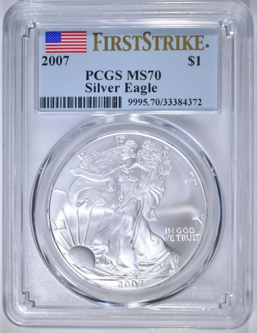 2007 AMERICAN SILVER EAGLE PCGS MS-70: FIRST STRIKE. ESTIMATE $90 - $110.