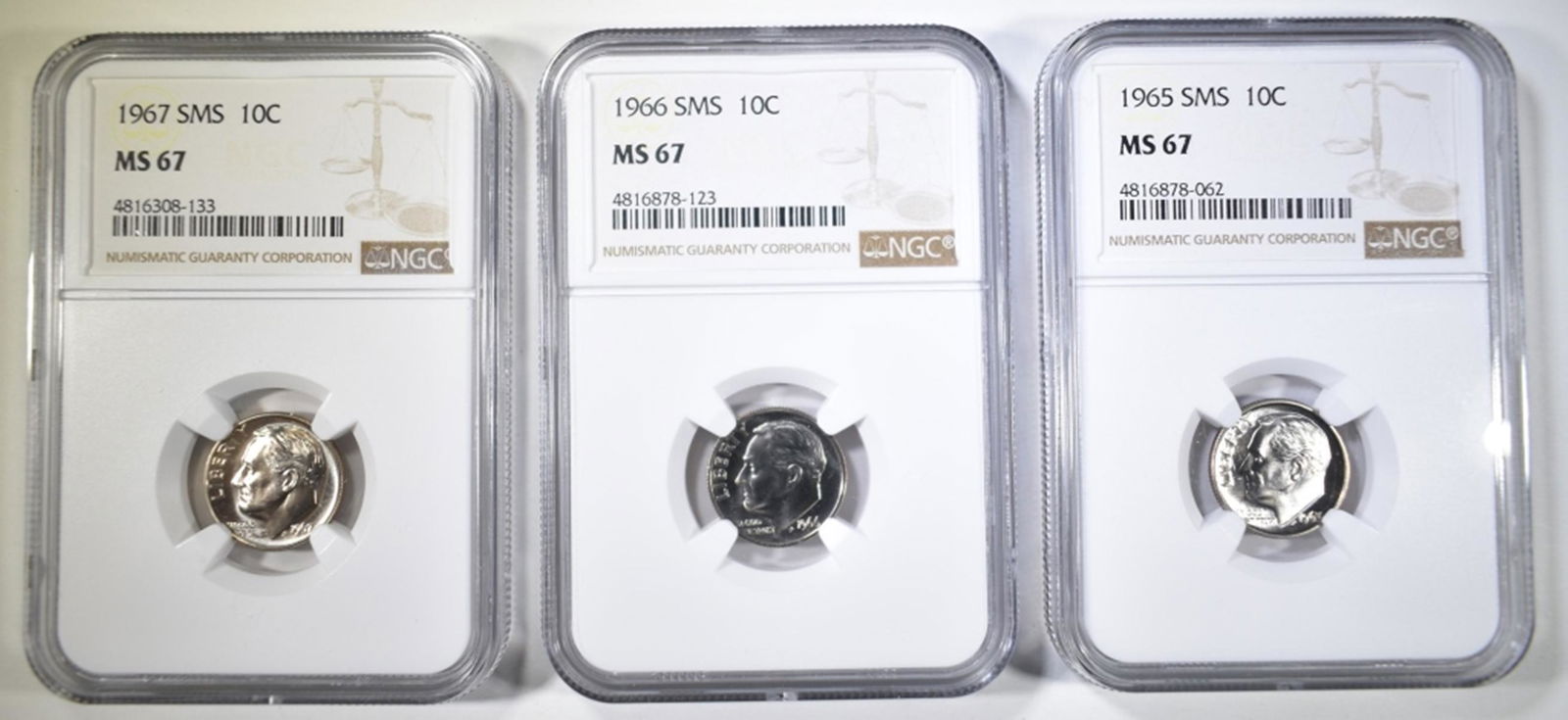 1965, 66 & 67 SMS ROOSEVELT DIMES NGC MS-67 (1 of 2)