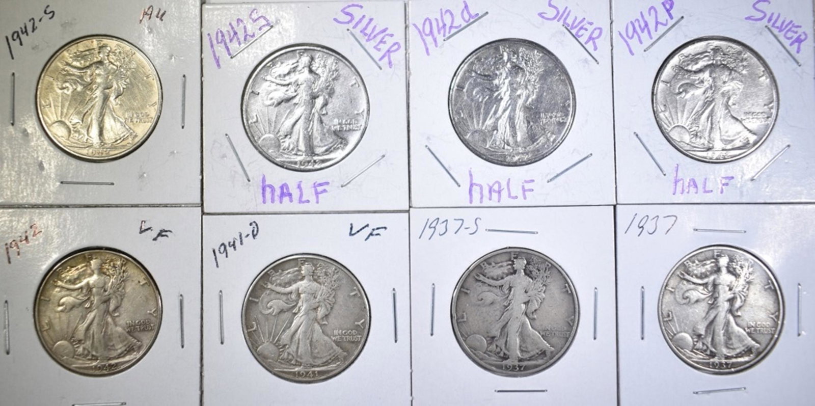 LOT OF 8 WALKING LIBERTY HALF DOLLARS: 1937, 37-S, 41-D, 2-42, 42-D, 2-42-S. ESTIMATE $110 - $130.