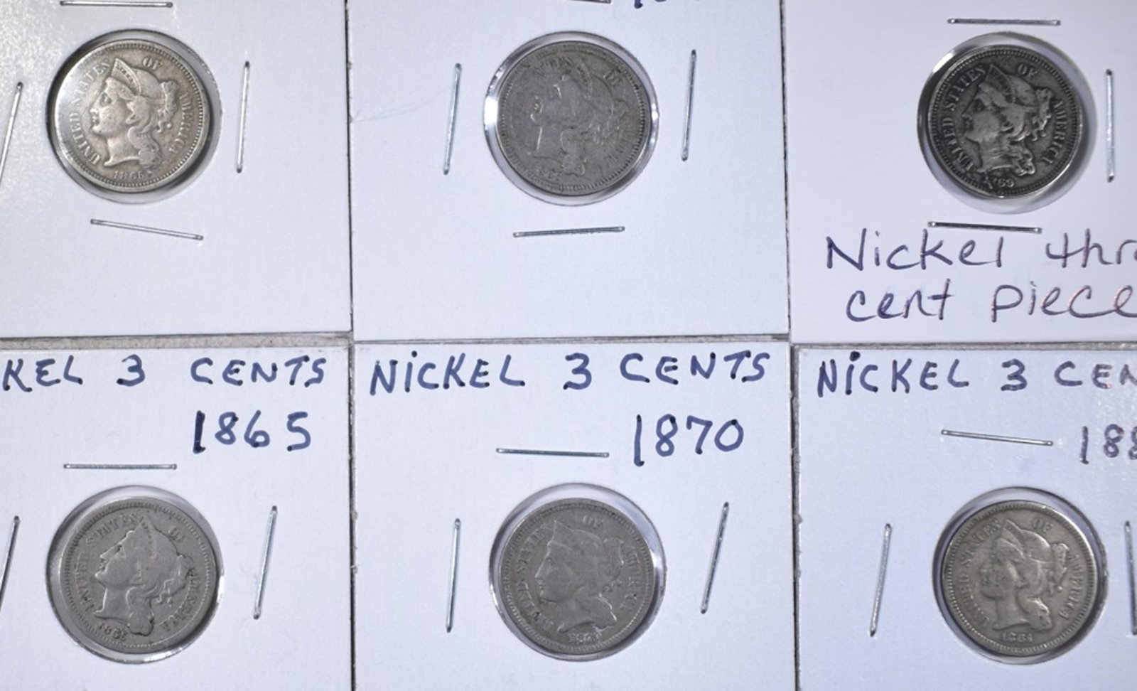 3 CENT NICKELS; 1865, 70, & 81 -VG, 2-1865 FINE & (1 of 2)