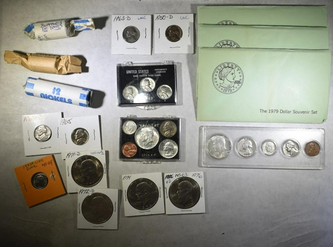 COLLECTORS LOT:: MIXED BUFFALO NICKELS, JEFFERSON NICKELS, 1993 ROOSEVELT DIME, 4 IKE DOLLARS, STEEL CENT SET, SUSAN B ANTHONY DOLLARS AND 2 1964 MINT SETS. ESTIMATE $150 - $200.