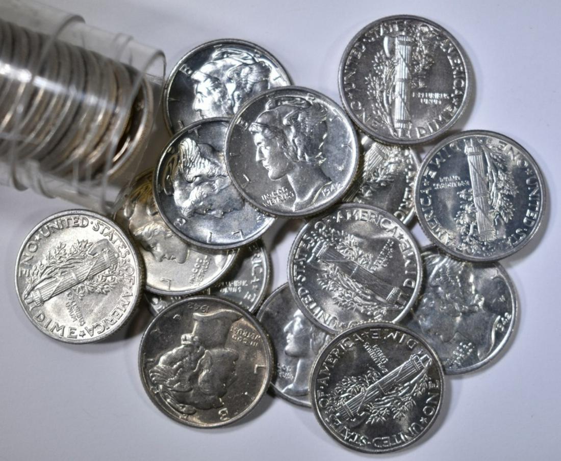 1942 ROLL OF MERCURY DIMES MOSTLY BU SOME AU/BU: TOP RATED AUCTION HOUSE ESTIMATE $300 - $350.