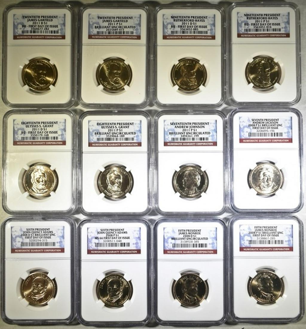 12- NGC GRADED BU PRESIDENTIAL DOLLARS;: 2008- P&D JAMES MONROE, 2008-P&D JOHN QUINCY ADAMS, 2008-P ANDREW JACKSON, 2011-P ANDREW JOHNSON, 2011-P& D ULYSSES S GRANT, 2011-P&D RUTHERFORD HAYES, & 2011-P&D JAMES GARFIELD- SOME OF THESE ARE FIR