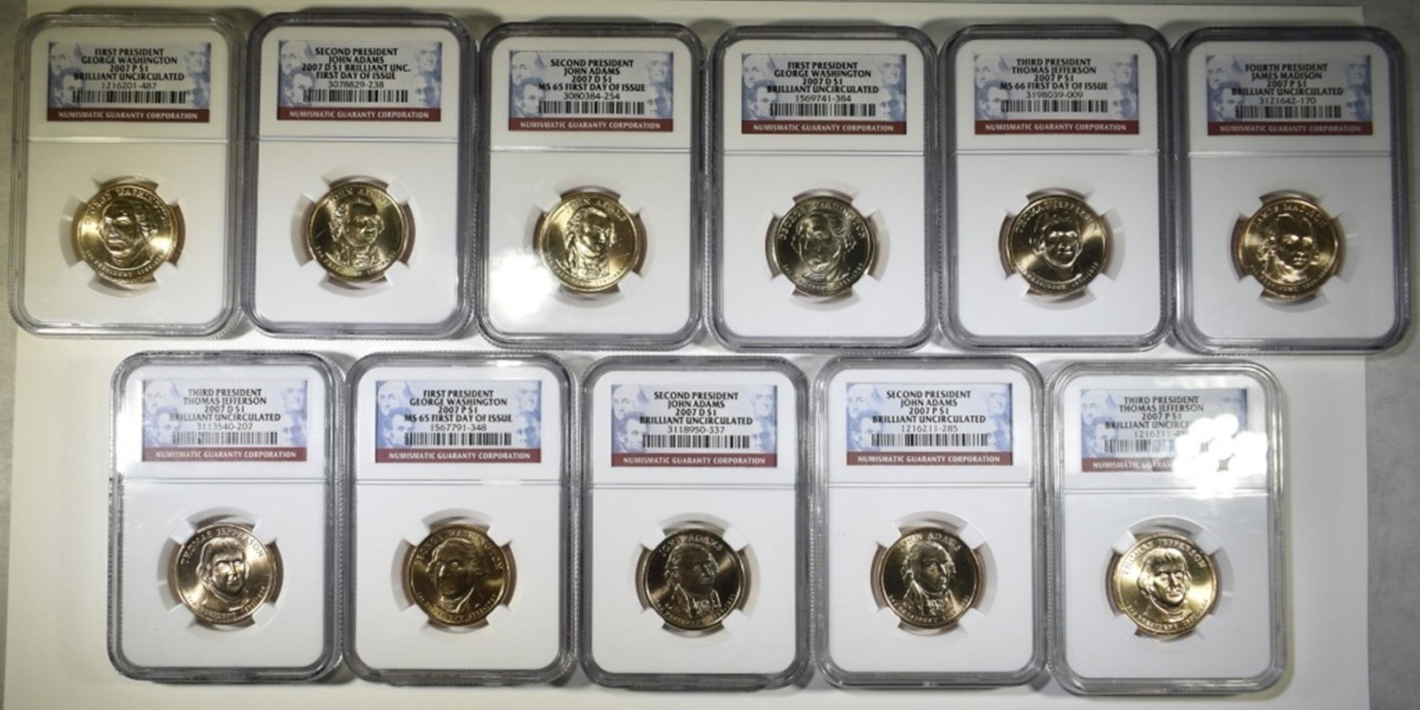 11 NGC PRESIDENTIAL DOLLARS; GEORGE WASHINGTON: 2-07-P & 07-D, JOHN ADAMS- 3-07-D & 07-P, THOMAS JEFFERSON- 2 07-P & 07-D, JAMES MADISON 07-P ESTIMATE $100 - $125.