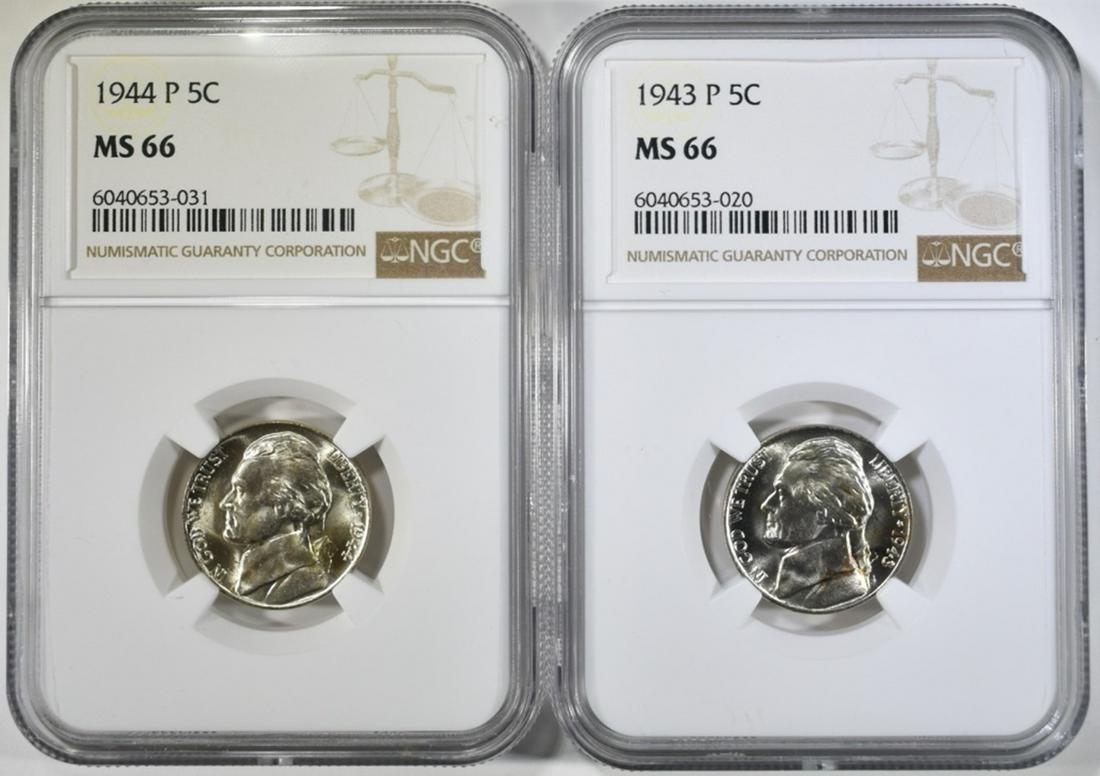 1943-P & 44-P SILVER JEFFERSON NICKELS NGC MS-66: LOW COST FLAT RATE SHIPPING ESTIMATE $100 - $125.