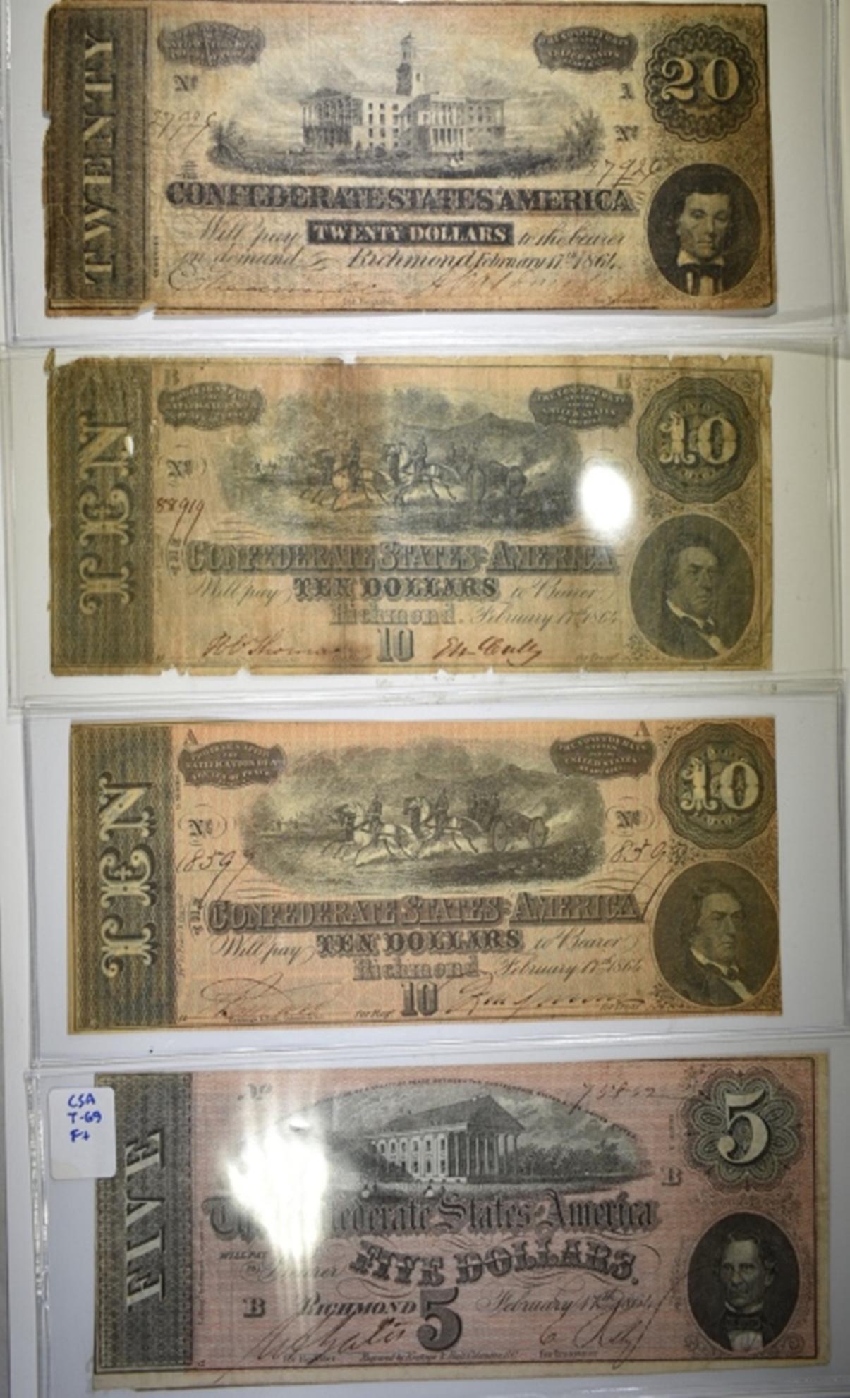 LOT OF 4 CONFEDERATE STATES OF AMERICA NOTES: $5, 2 $10 & $20. ESTIMATE $80 - $100.