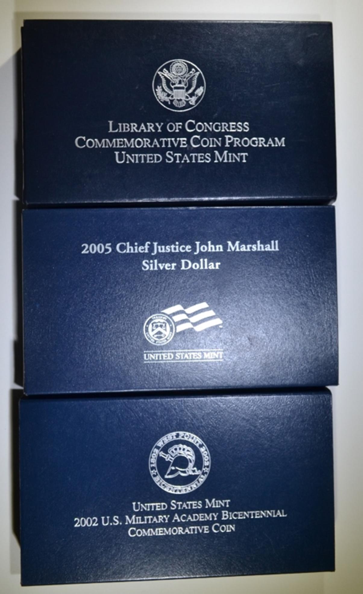 3-MODERN PROOF COMMEM SILVER DOLLARS:: 2000 LIBRARY OF CONGRESS, 2002 WEST POINT & 2005 JOHN MARSHALL ORIG PACKAGING ESTIMATE $85 - $100.