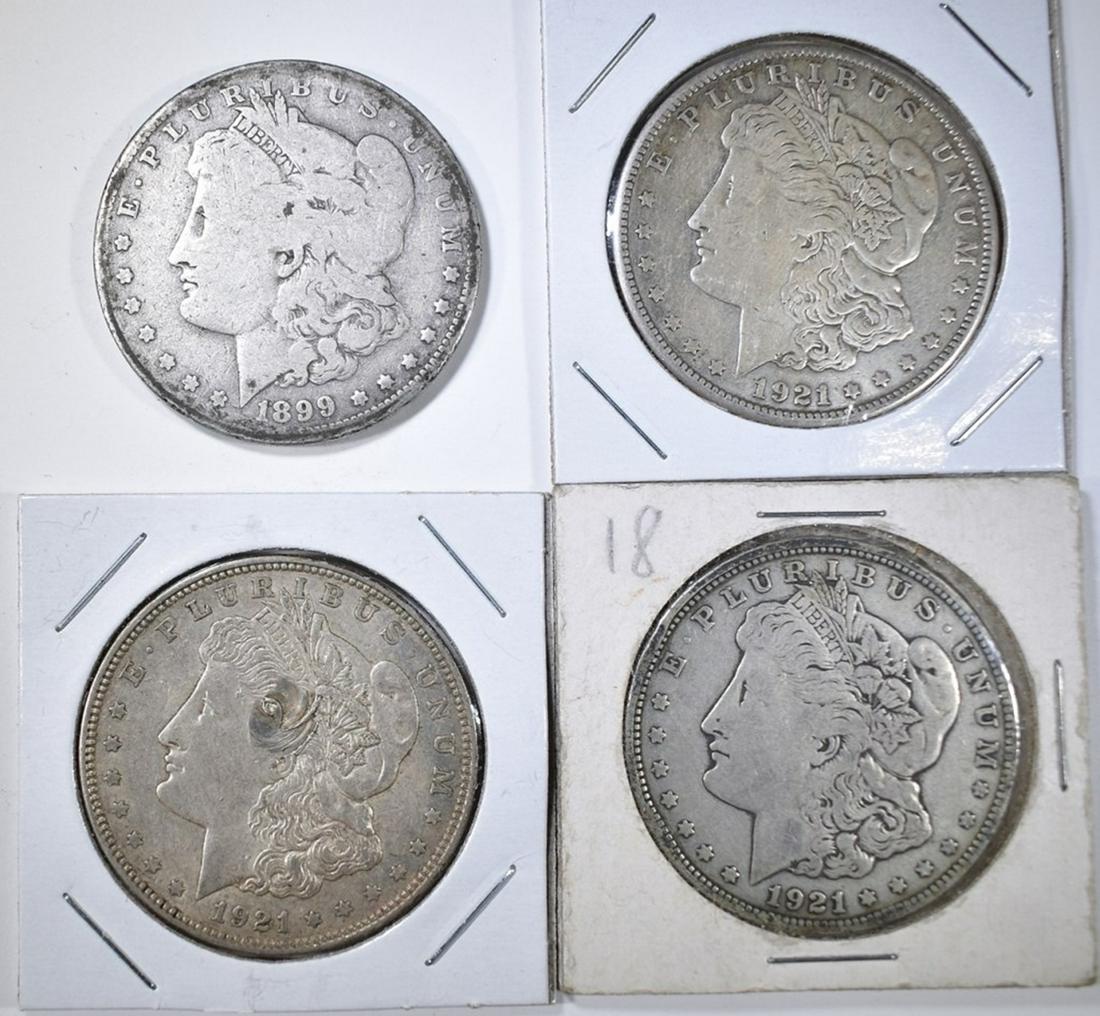 4 CIRC MORGAN DOLLARS; 1899-O, 2- 1921-D, & 1921-S (1 of 2)