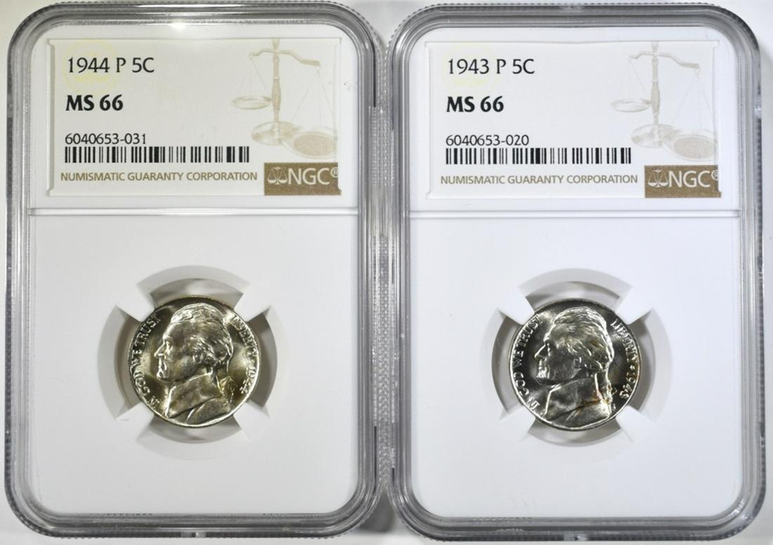 1943-P & 44-P SILVER JEFFERSON NICKELS NGC MS-66: LOW COST FLAT RATE SHIPPING ESTIMATE $100 - $125.