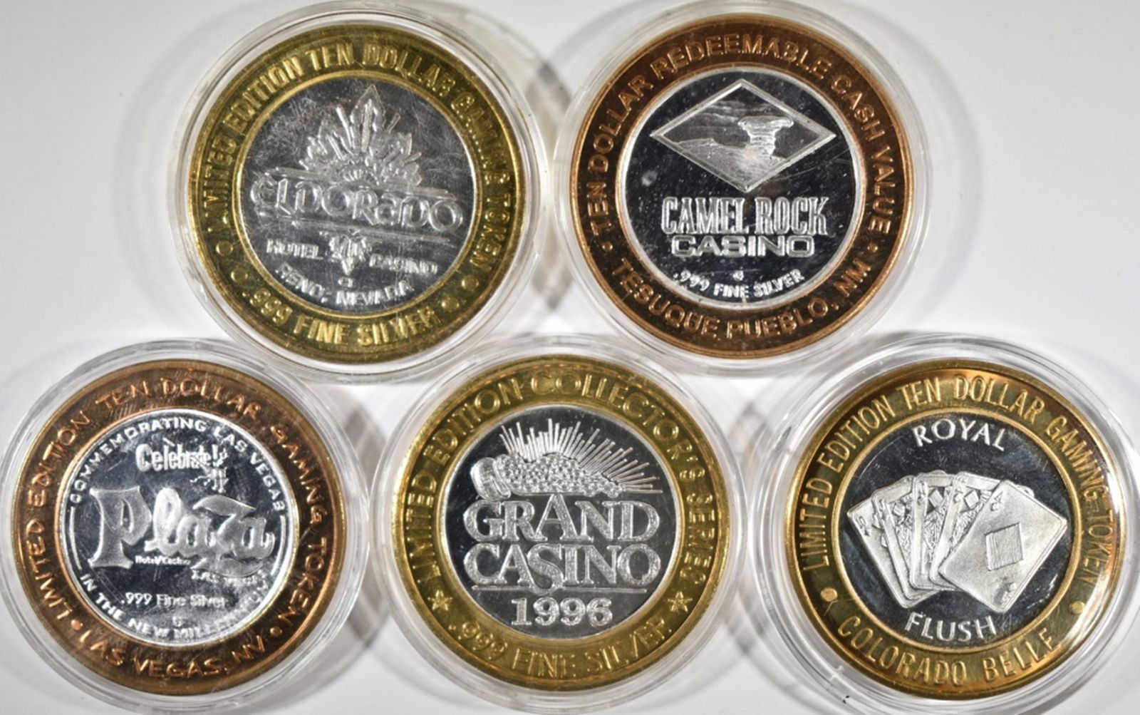 5 LIMITED EDITION $10 SILVER GAMING TOKENS (1 of 2)