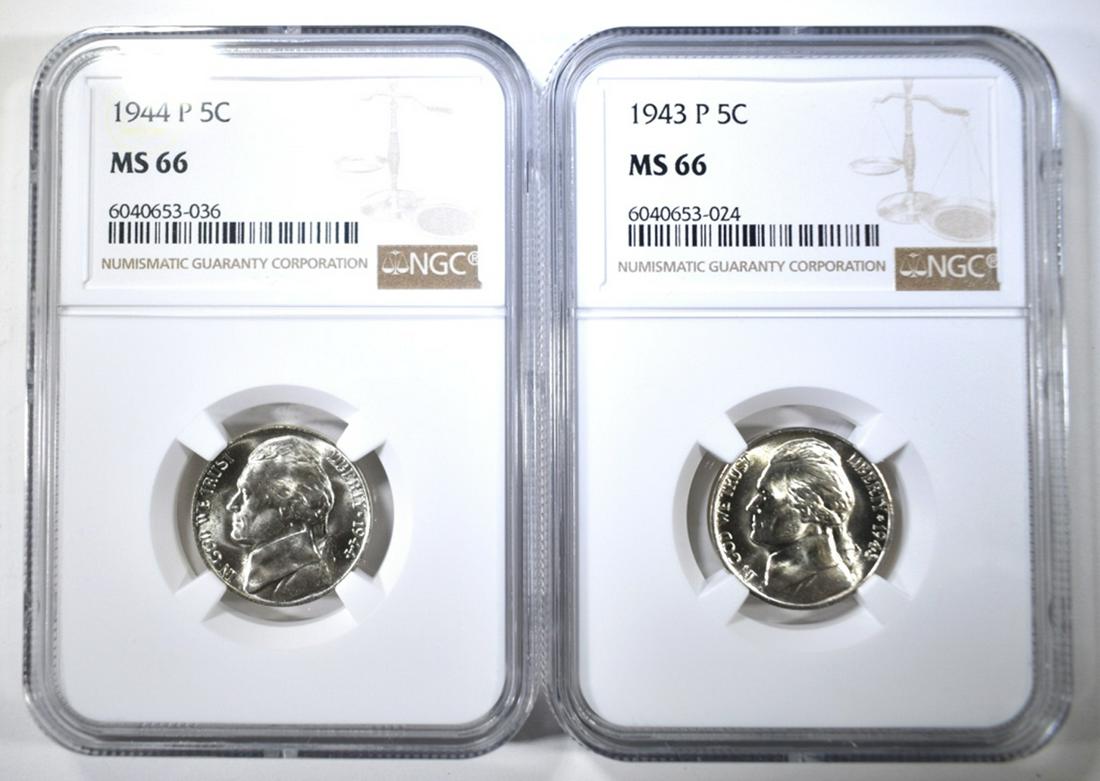 1943-P & 44-P SILVER JEFFERSON NICKELS NGC MS-66: LOW COST FLAT RATE SHIPPING ESTIMATE $100 - $125.