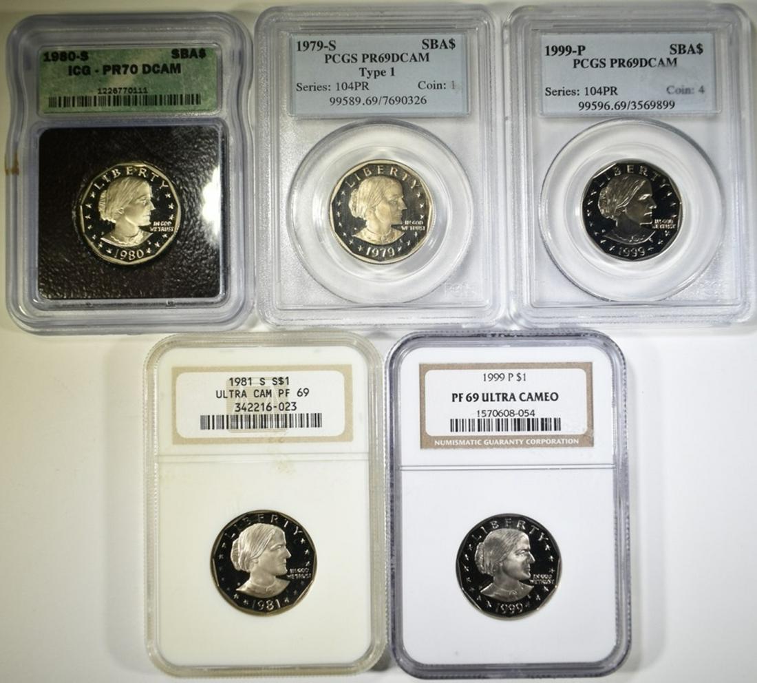 LOT OF 5 GRADED SUSAN B ANTHONY DOLLARS:: 1979-S T-1 PCGS PR-69 DCAM, 1980-S ICG PR-70DCAM, 1999-P PCGS PR-69 DCAM, 1999-P NGC PF-69 ULTRA CAMEO, 1981-S NGC PF-69 ULTRA CAMEO. ESTIMATE $140 - $160.