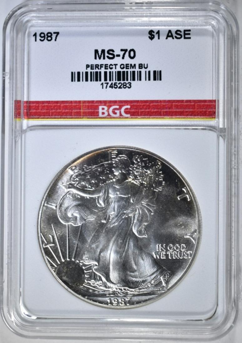 1987 AMERICAN SILVER EAGLE BGC PERFECT GEM BU: LEADERS IN ON-LINE AUCTIONS ESTIMATE $600 - $650.