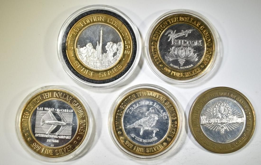 5 LIMITED EDITION $10 SILVER GAMING TOKENS (1 of 2)