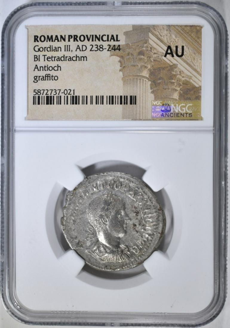 AD 238-244 GORDIAN III BI TETRADRACHM NGC AU: ROMAN PROVINCIAL. ANTIOCH GRAFFITO. ESTIMATE $275 - $300.