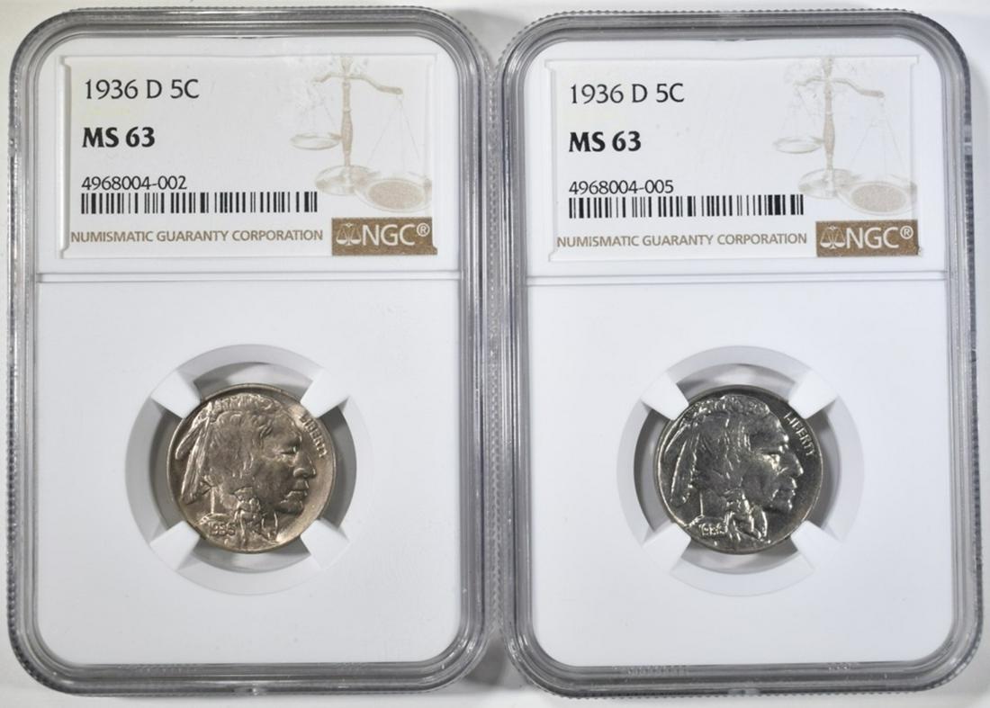 2 1936-D BUFFALO NICKELS NGC MS-63: WEEKLY COIN & CURRENCY AUCTIONS ESTIMATE $90 - $110.