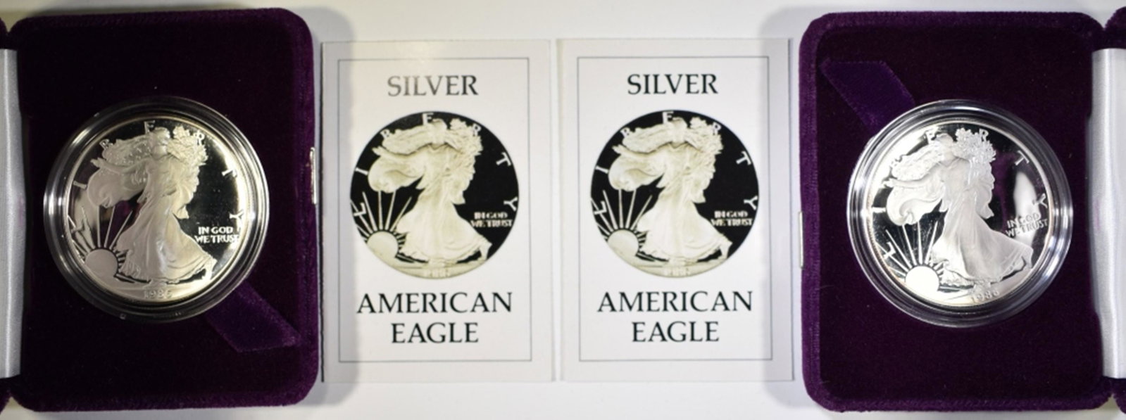 2 1986-S AMERICAN SILVER EAGLE PROOFS: IN OGP W/ COA. ESTIMATE $100 - $125.