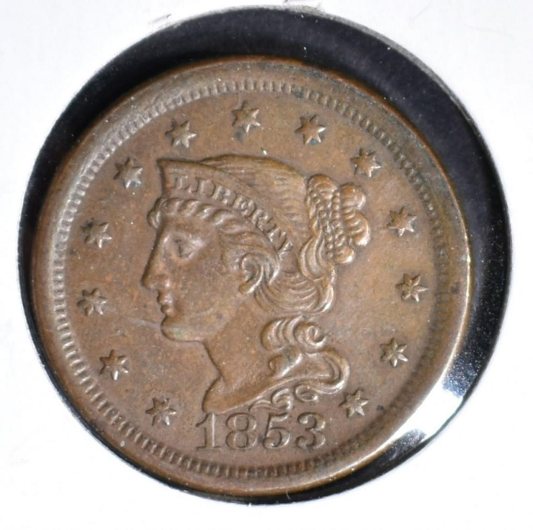 1853 LARGE CENT AU: WEEKLY COIN & CURRENCY AUCTIONS ESTIMATE $110 - $130.