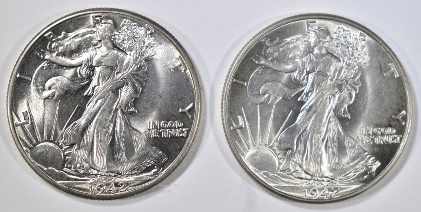 2 1942 WALKING LIBERTY HALF DOLLARS CH/GEM BU: TOP RATED AUCTION HOUSE ESTIMATE $110 - $130.