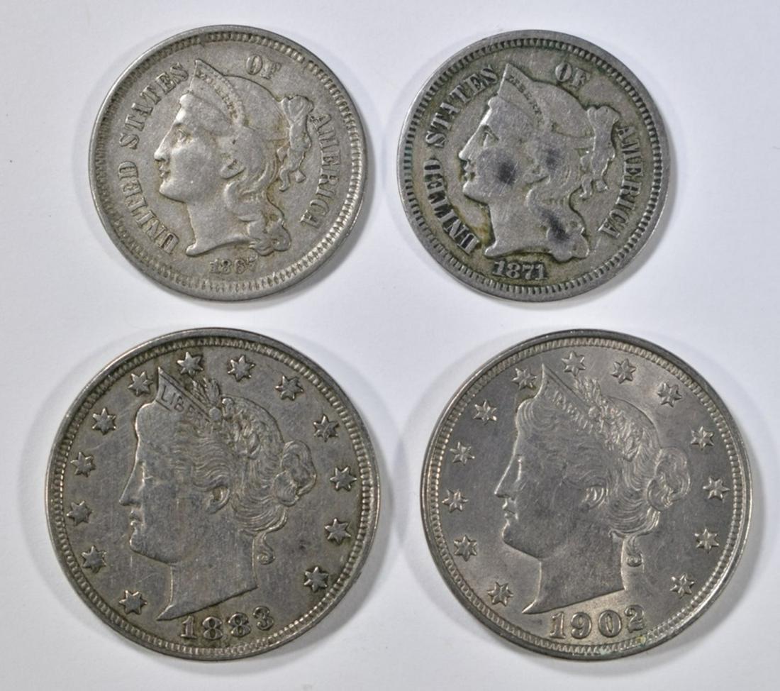 LOT OF 4 TYPE COINS:: 1883 VF NC, 1902 BU LIBERTY NICKELS, 1867 VF & 1871 F 3-CENT NICKELS. ESTIMATE $100 - $125.