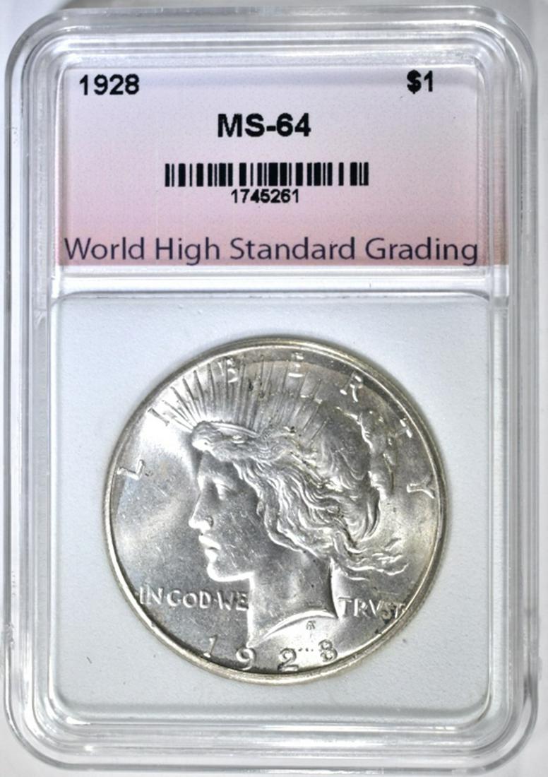 1928 PEACE DOLLAR WHGS CH/GEM BU: LEADERS IN ON-LINE AUCTIONS ESTIMATE $550 - $600.