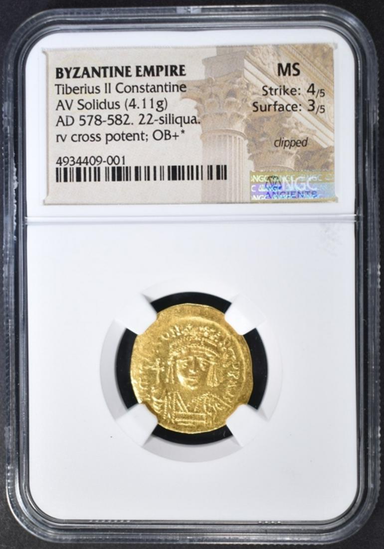 AD 578-582 22-SILIQUA AV SOLIDUS NGC MS 4/3: BYZANTINE EMPIRE. TIBERIUS II CONSTANTINE. CLIPPED. ESTIMATE $1100 - $1200.