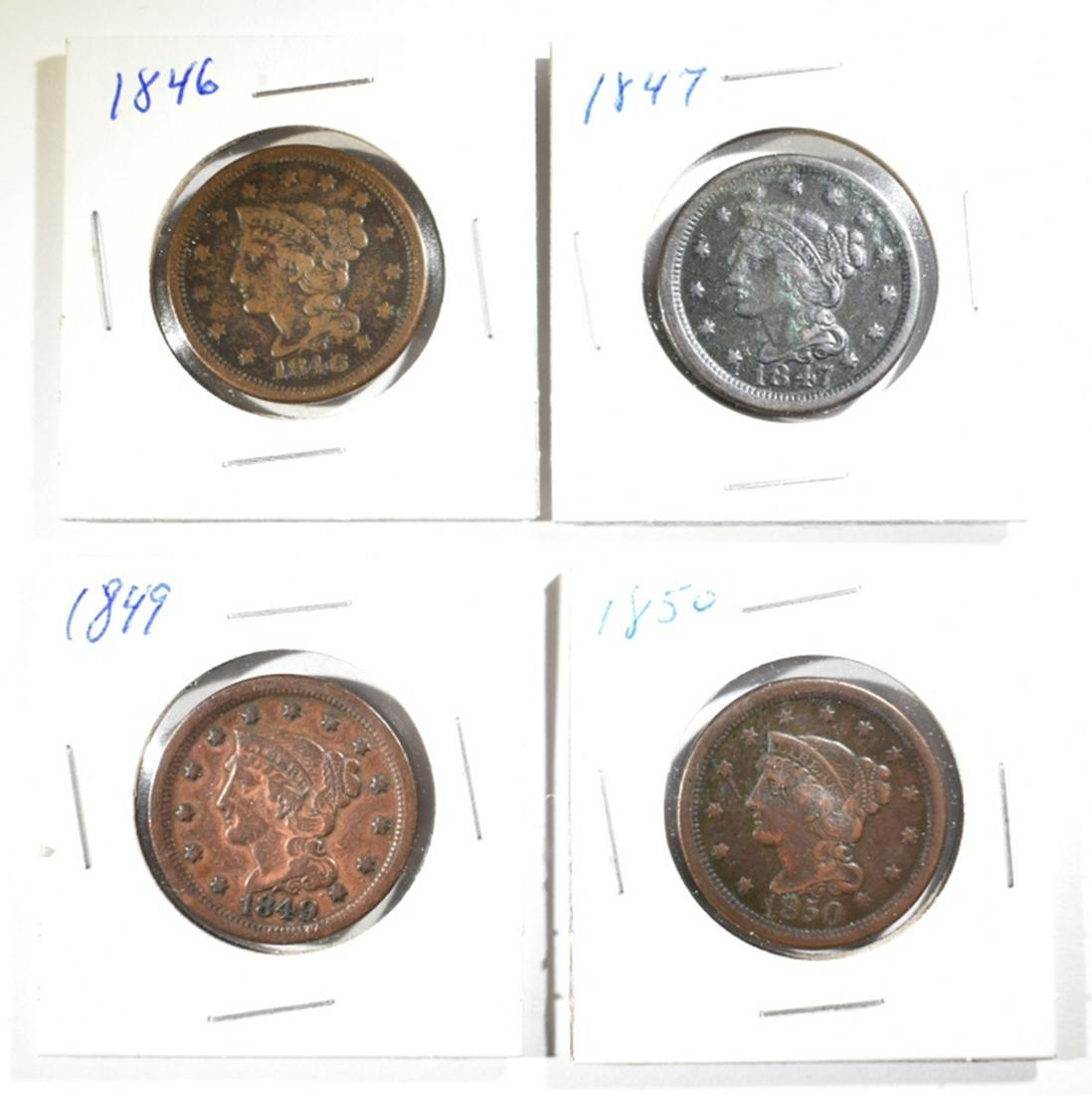 LOT OF 4 LARGE CENTS:: 1846 VG, 1847 F, 1849 VG, 1850 F. ESTIMATE $90 - $110.