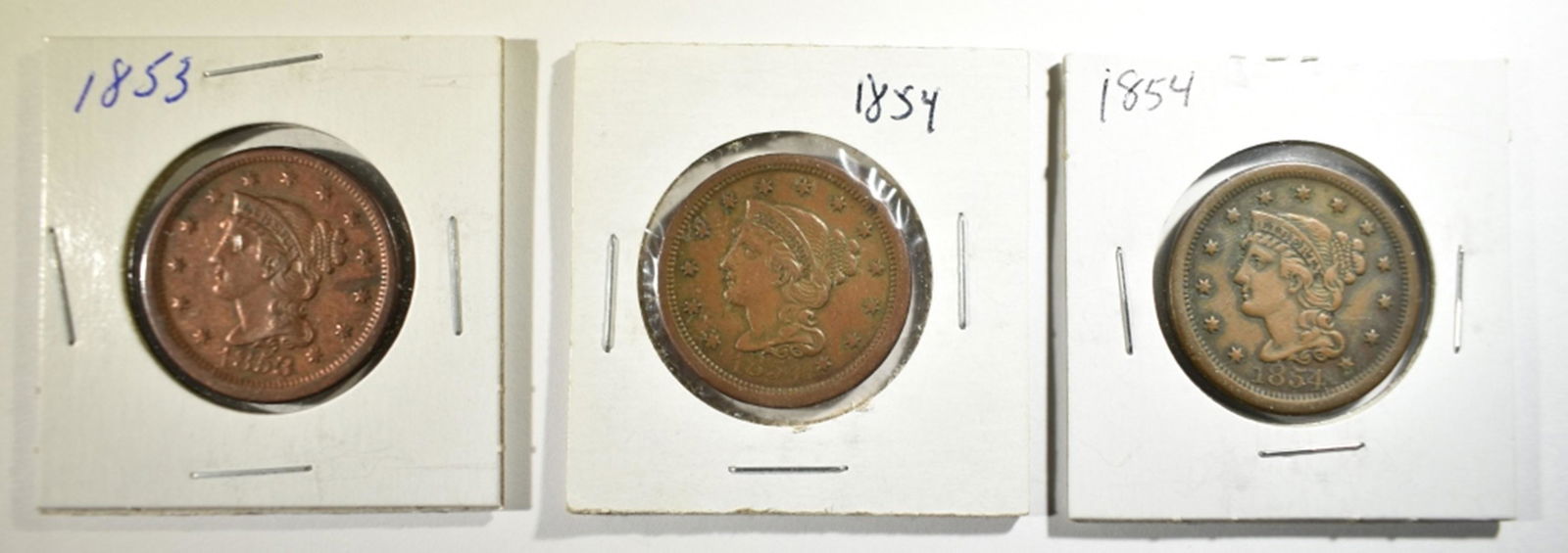 1853 F & 2 1854 VF LARGE CENTS: WEEKLY COIN & CURRENCY AUCTIONS ESTIMATE $90 - $110.