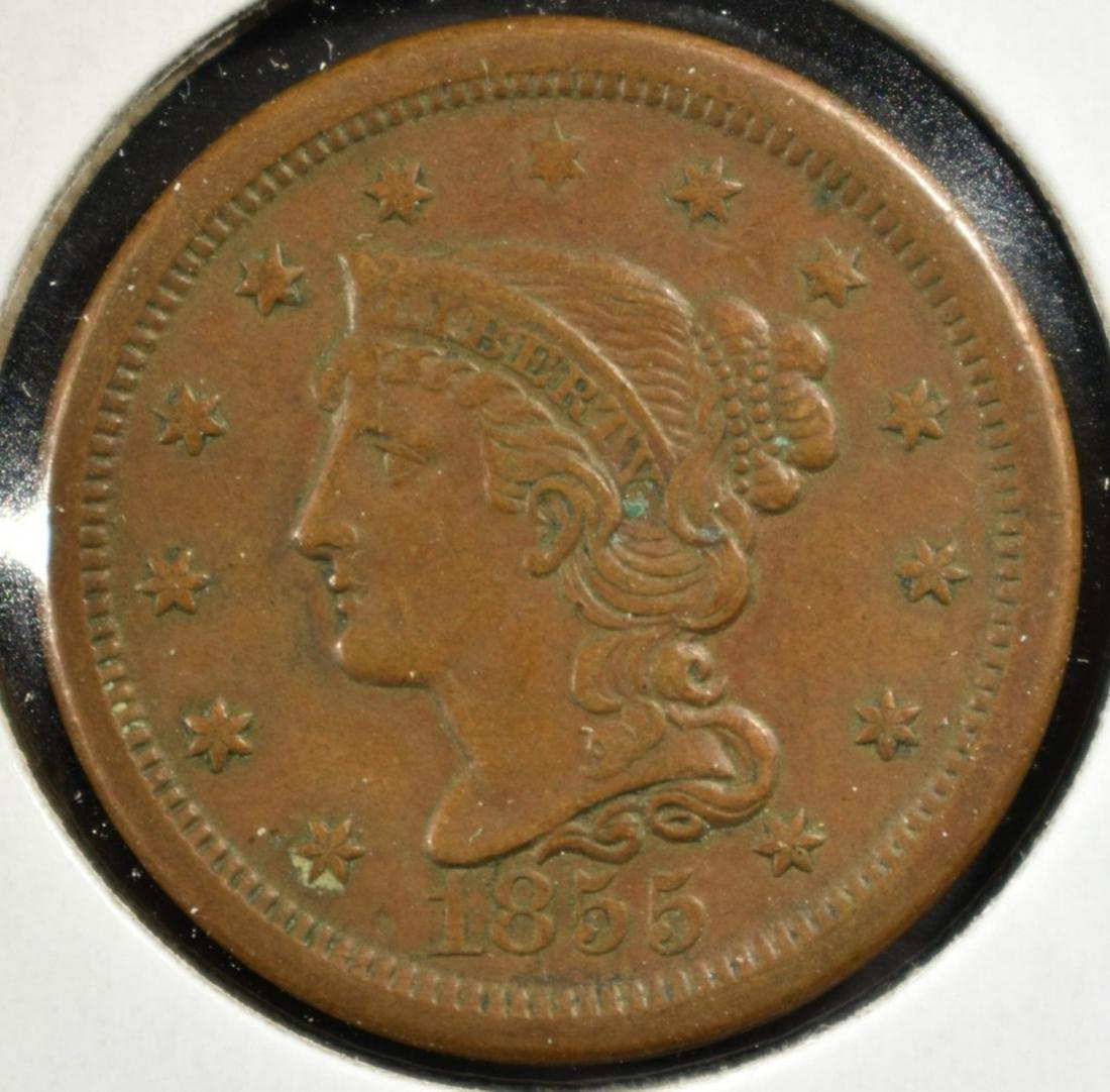 1855 LARGE CENT AU UPRIGHT 55: CHECK OUT OUR UPCOMING AUCTIONS ESTIMATE $110 - $130.