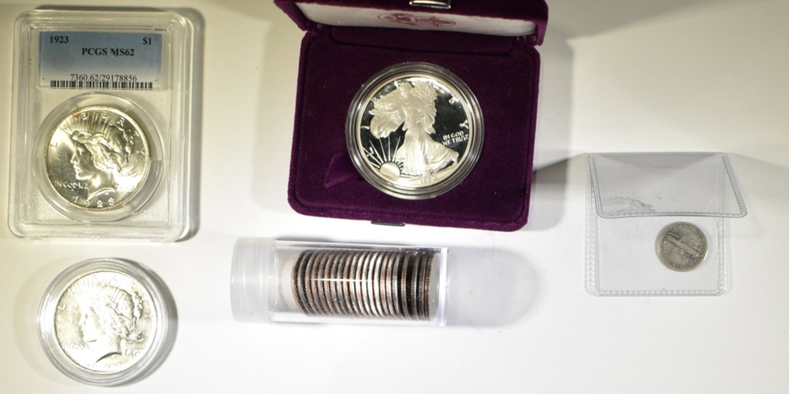 MIXED COIN LOT:: 1990 ASE, 1923 PEACE DOLLAR PCGS MS-62, 1923 PEACE DOLLAR BU, 1942-D MERCURY DIME FINE, 21 2020 BAT QUARTERS. ESTIMATE $120 - $140.