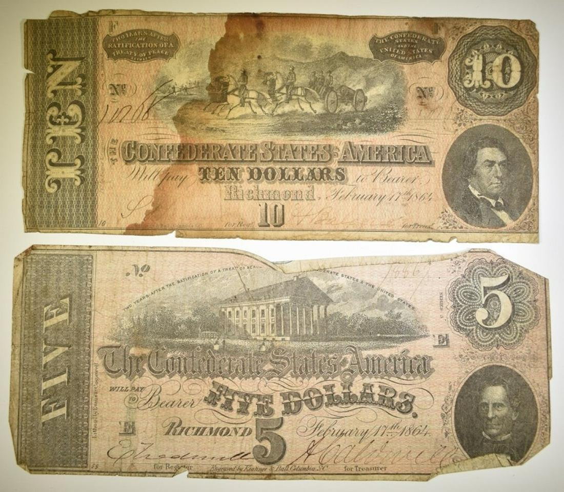 1864 $5 & $10 CONFEDERATE NOTEA: BID WITH SILVER CITY AUCTIONS ESTIMATE $55 - $65.