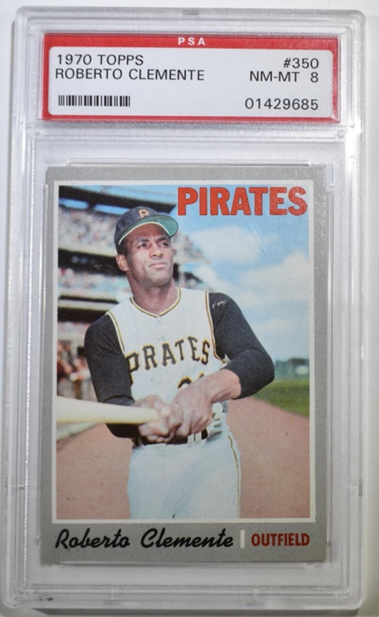 1970 TOPPS ROBERTO CLEMENTE #350, PSA NM/MT-8: BID WITH SILVER CITY AUCTIONS ESTIMATE $500 - $600.