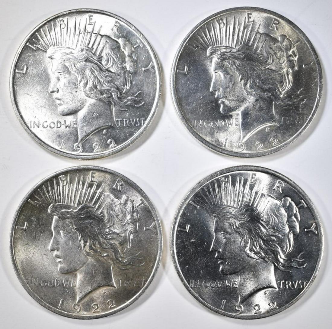 4 1922 AU/BU PEACE DOLLARS: LEADERS IN ONLINE AUCTIONS. ESTIMATE $110 - $130.
