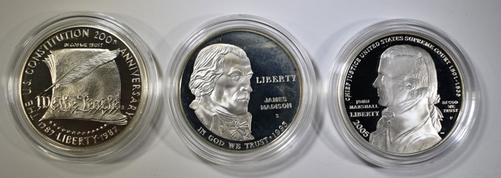U.S. PROOF COMMEM SILVER DOLLARS COINS & CAPS: 1987 CONSTITUTION, 1993 JAMES MADISON & 2005 JOHN MARSHALL ESTIMATE $100 - $120.