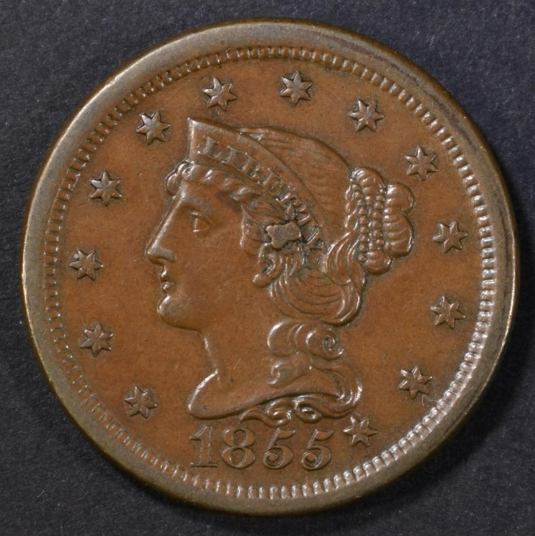 1855 LARGE CENT KNOB ON EAR AU/BU: WEEKLY COIN & CURRENCY AUCTIONS ESTIMATE $300 - $350.