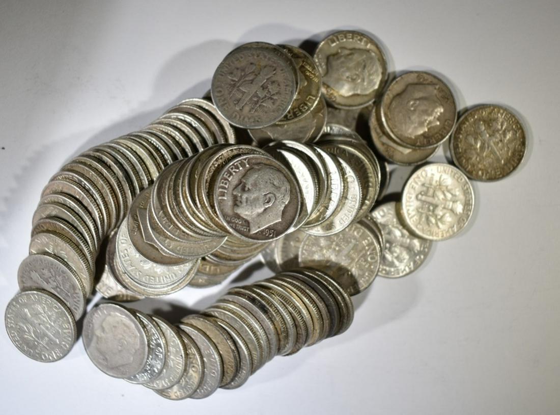 100-CIRC MIXED DATE 90% SILVER U.S. DIMES: LEADERS IN ON-LINE AUCTIONS ESTIMATE $240 - $260.