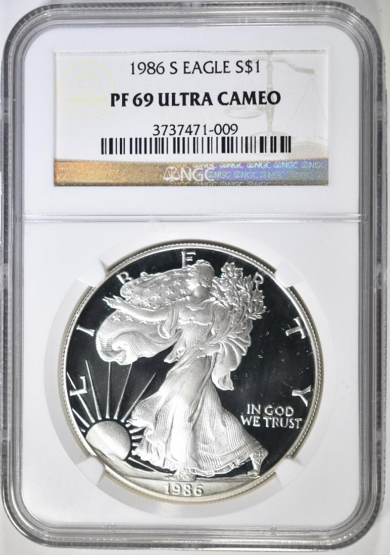 1986-S SILVER EAGLE NGC PF-69 ULTRA CAMEO: WEEKLY COIN & CURRENCY AUCTIONS ESTIMATE $100 - $125.