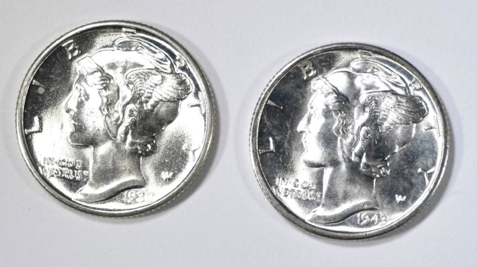 1938 & 1943-D FSB MERCURY DIMES GEM BU: CHECK OUT OUR UPCOMING AUCTIONS. ESTIMATE $90 - $110.