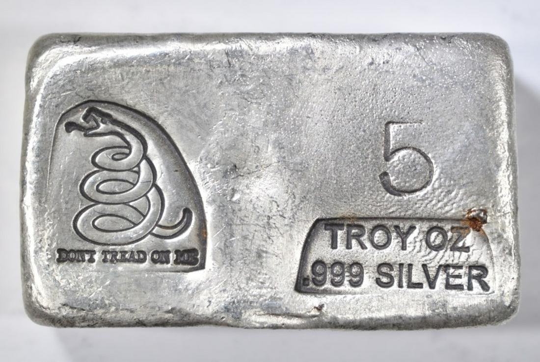 FIVE OUNCE .999 SILVER BAR "DON'T TREAD ON ME" (1 of 2)