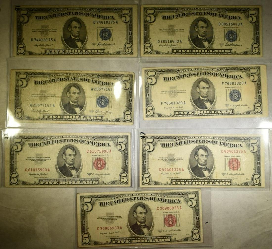 4 $5 SILVER CERTS & 3 $5 RED SEAL U.S. NOTES (1 of 1)