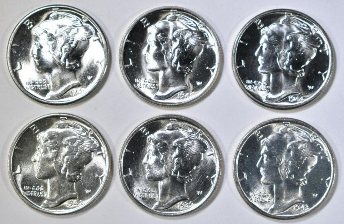 LOT OF 6 GEM BU MERCURY DIMES:: 1939, 42, 43, 44, 45, 45-D. ESTIMATE $110 - $130.
