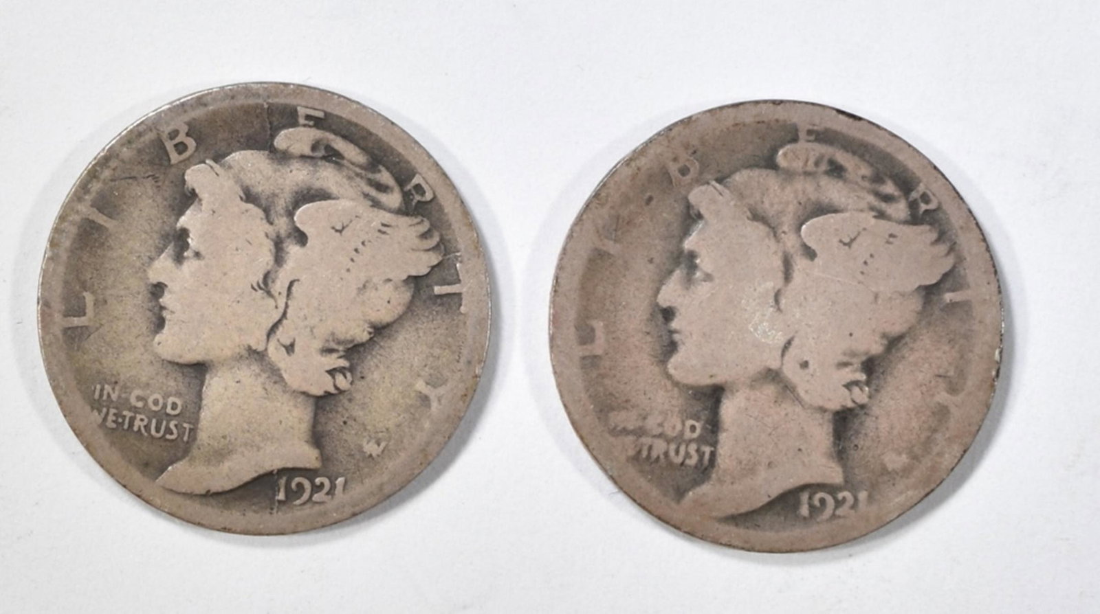 1921 & 1921-D MERCURY DIMES: TOP RATED AUCTION HOUSE. ESTIMATE $90 - $110.