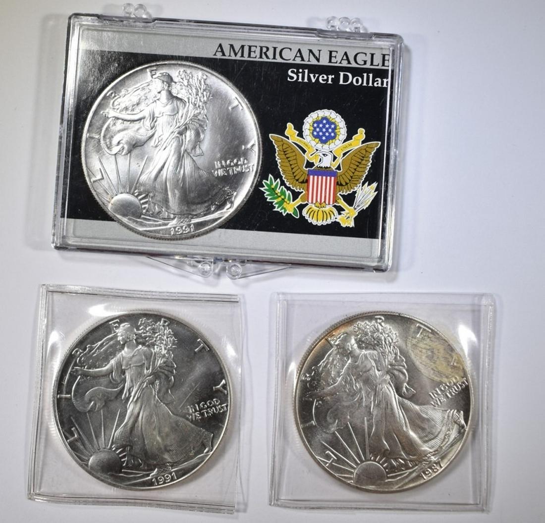 1987 & (2) 1991 AMERICAN SILVER EAGLES (1 of 2)