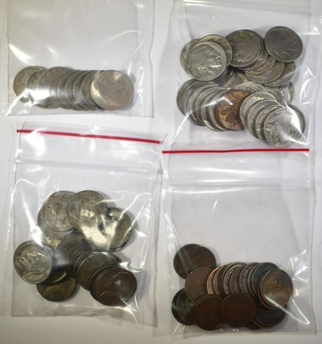 COLLECTOR LOT:: 25-INDIAN CENTS, 9-LIBERTY NICKELS, 40-FULL DATE BUFFALO NICKELS & 20-SILVER JEFFERSON WAR NICKELS ESTIMATE $75 - $90.