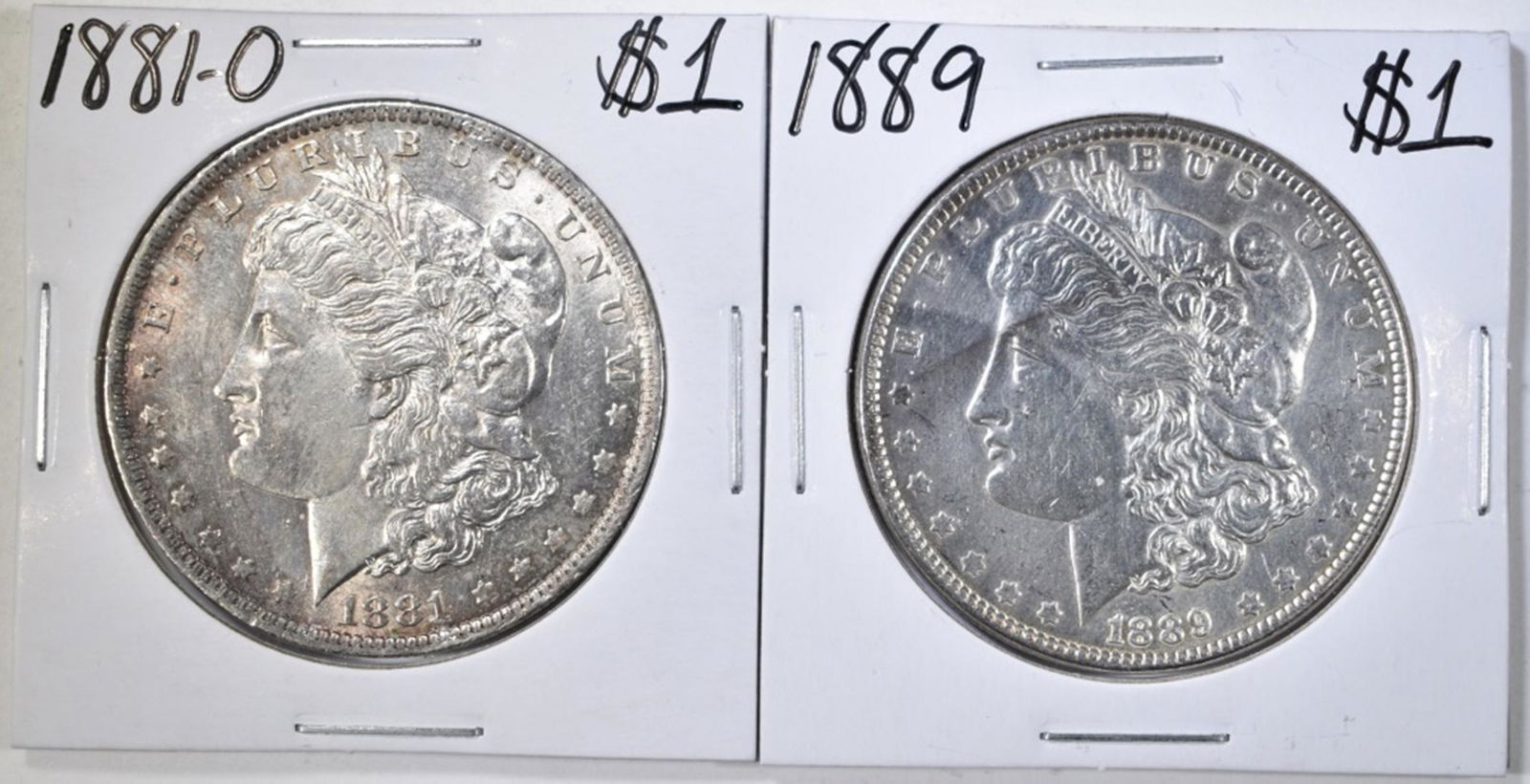 1881-O & 1889 AU MORGAN DOLLARS: LEADERS IN ONLINE AUCTIONS. ESTIMATE $75 - $100.