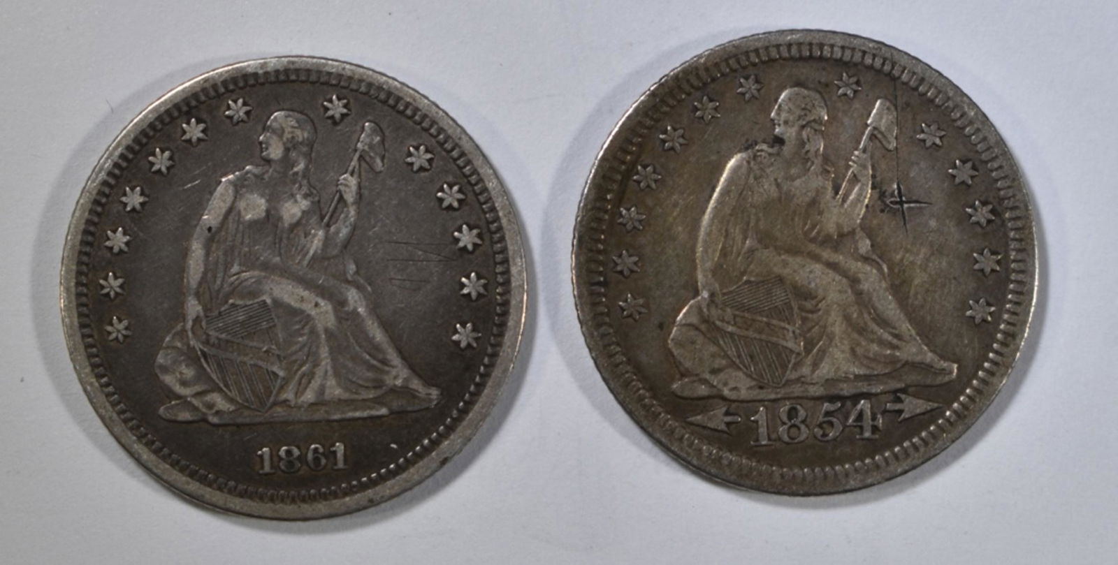 1854 ARROWS VF & 1861 XF SEATED QUARTERS (1 of 2)