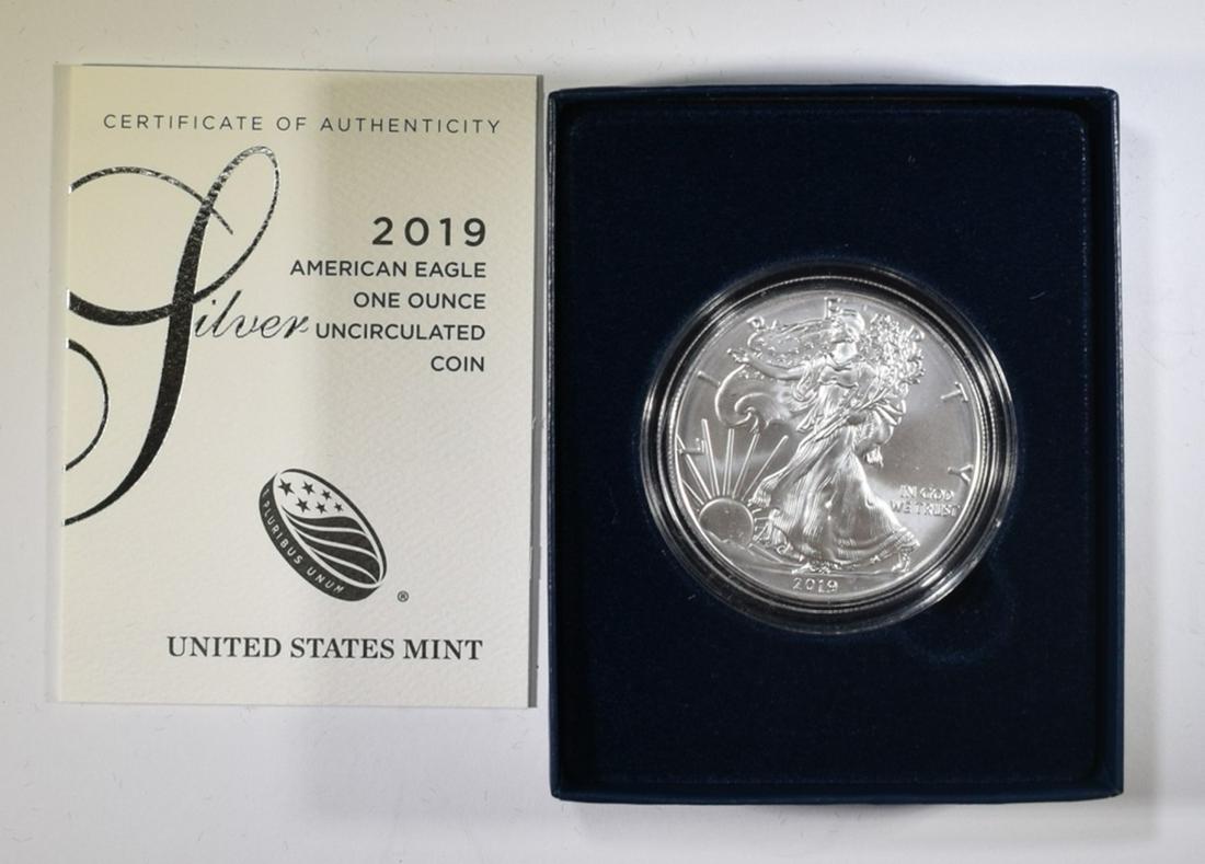 2019-W BURNISHED SILVER EAGLE ORIG BOX/COA: LEADERS IN ON-LINE AUCTIONS ESTIMATE $90 - $110.