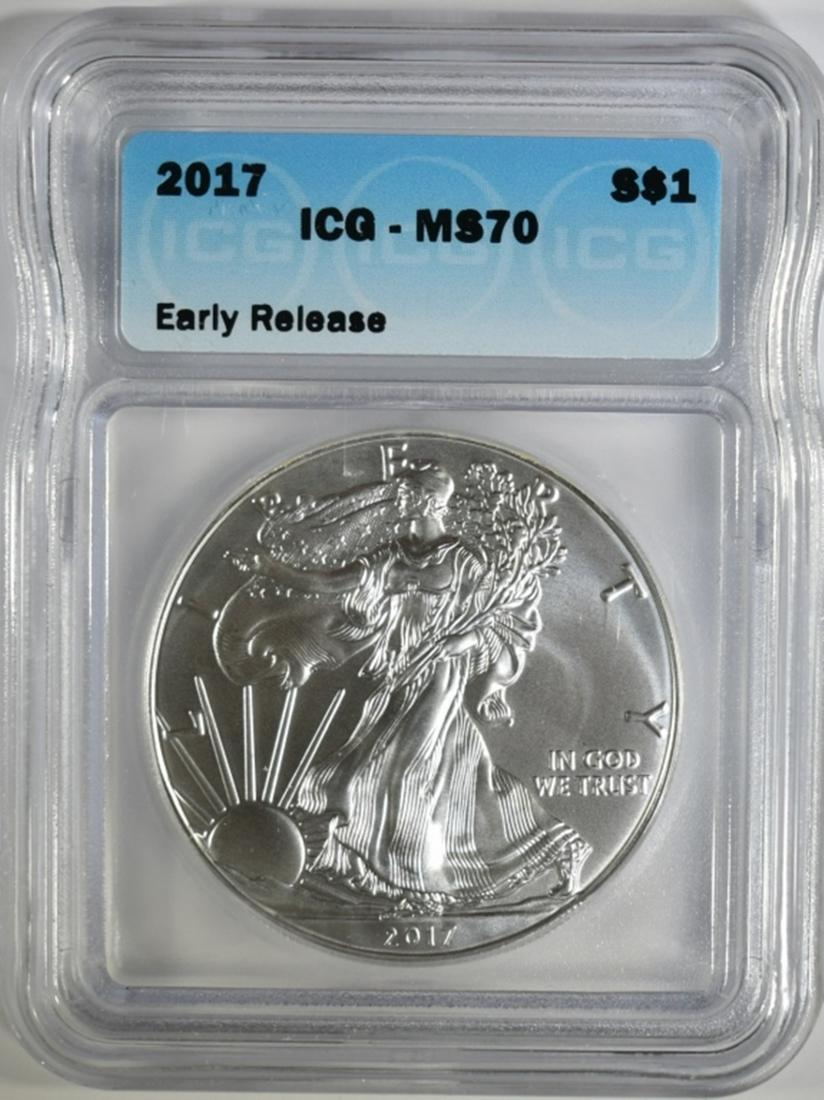 2017 SILVER EAGLE, ICG MS-70 EARLY RELEASE: CHECK OUT OUR UPCOMING AUCTIONS ESTIMATE $90 - $110.