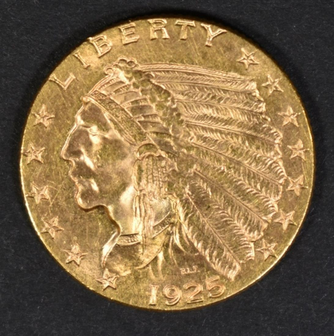 1925-D GOLD $2.5 CH/GEM BU: BID WITH SILVER CITY AUCTIONS. ESTIMATE $600 - $650.