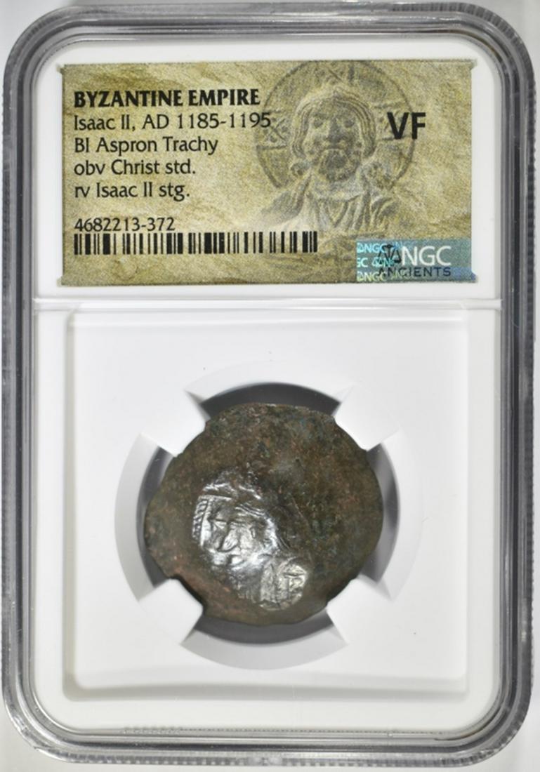 AD 1185-1195 ISAAC II, BI ASPRON TRACHY NGC VF: BYZANTINE EMPIRE. ESTIMATE $75 - $100.